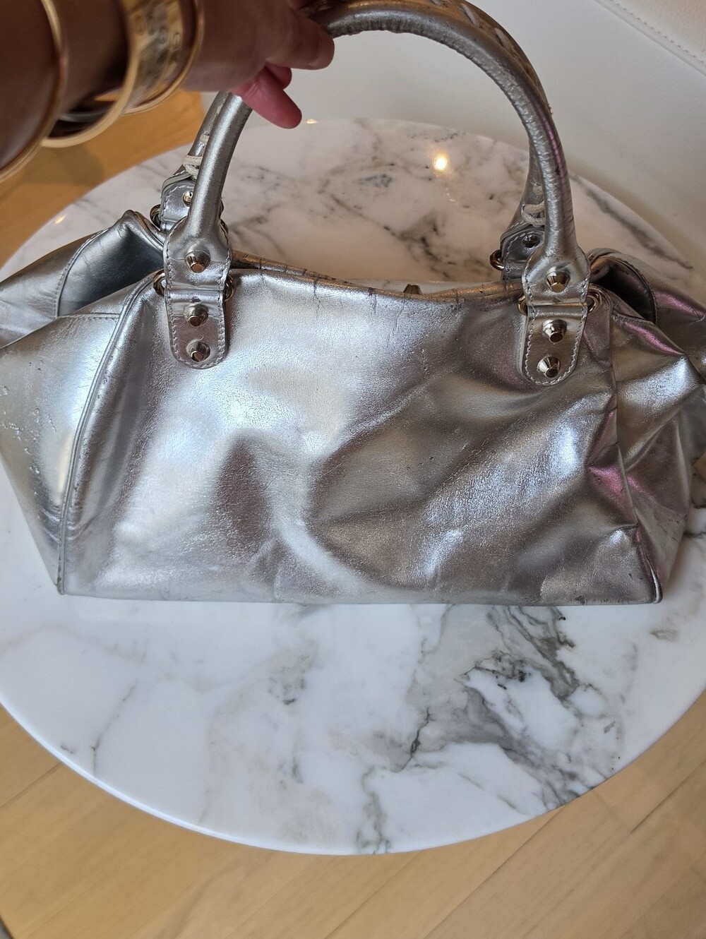 Balenciaga 2009 Metallic Silver Bowling PM Bag With Braided Handles Y2K - Picture 10 of 16